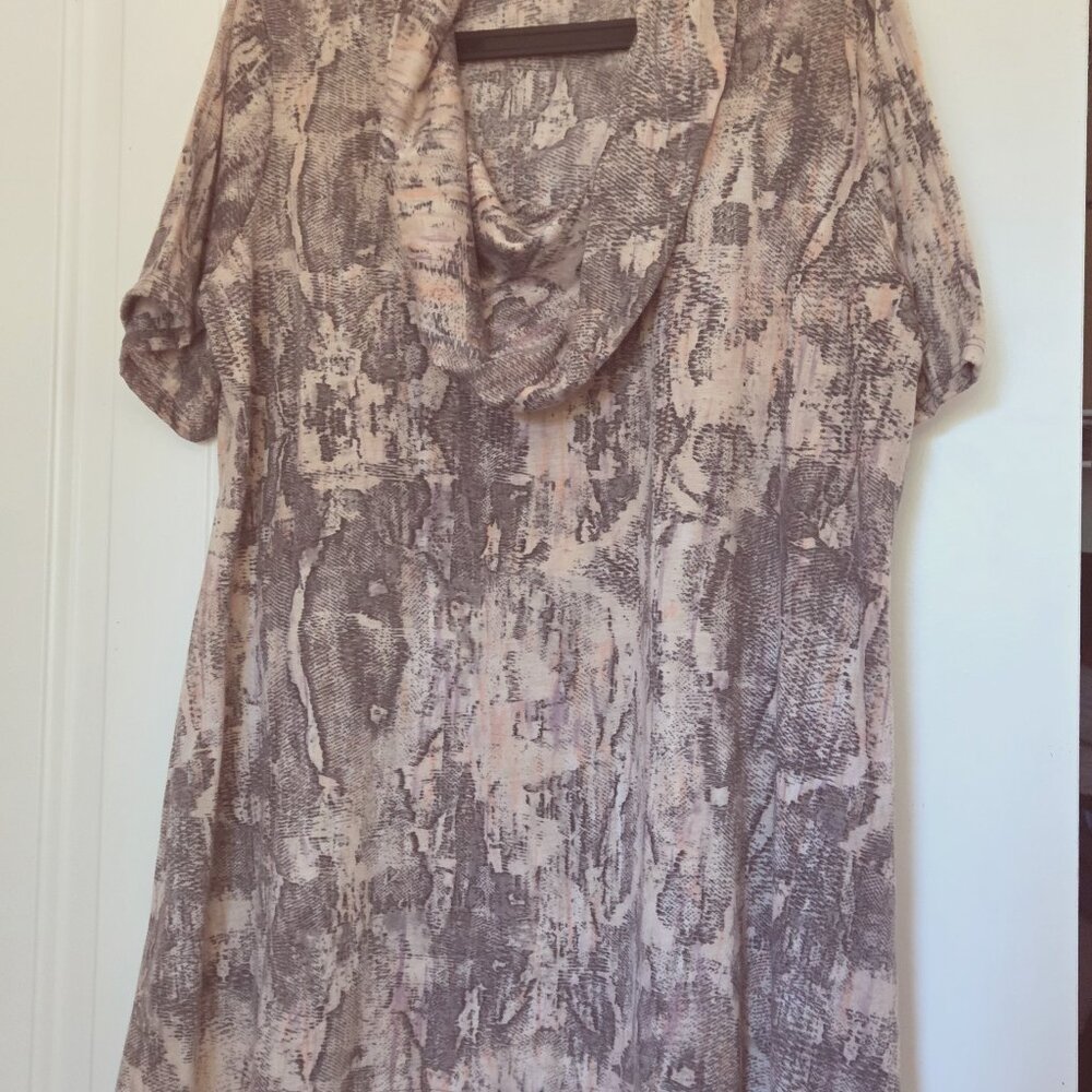 5 Point Short Sleeve Blouse with Cowel Collar Snakeskin Print, 3x,